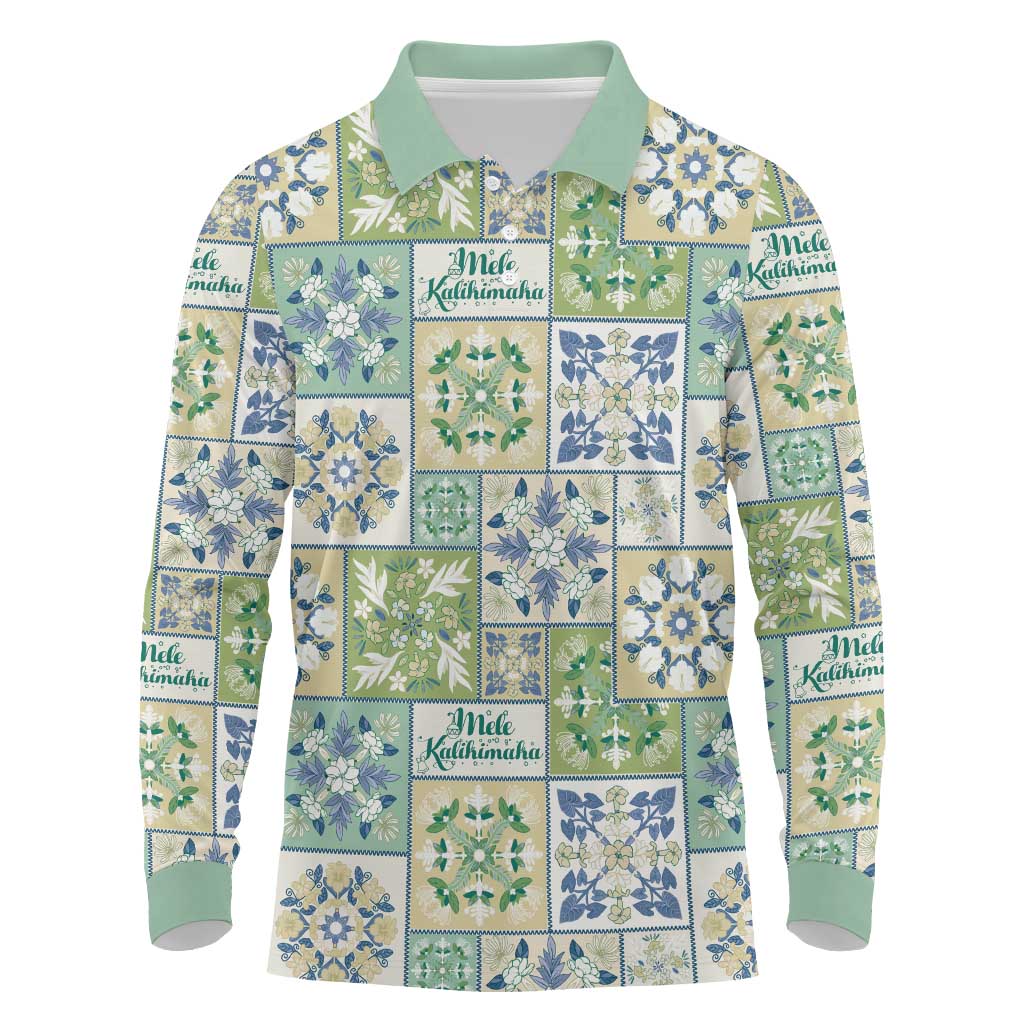 Mele Kalikimaka Hawaii Christmas Long Sleeve Polo Shirt Omaomao Seamless Floral Motif LT9 Green - Polynesian Pride