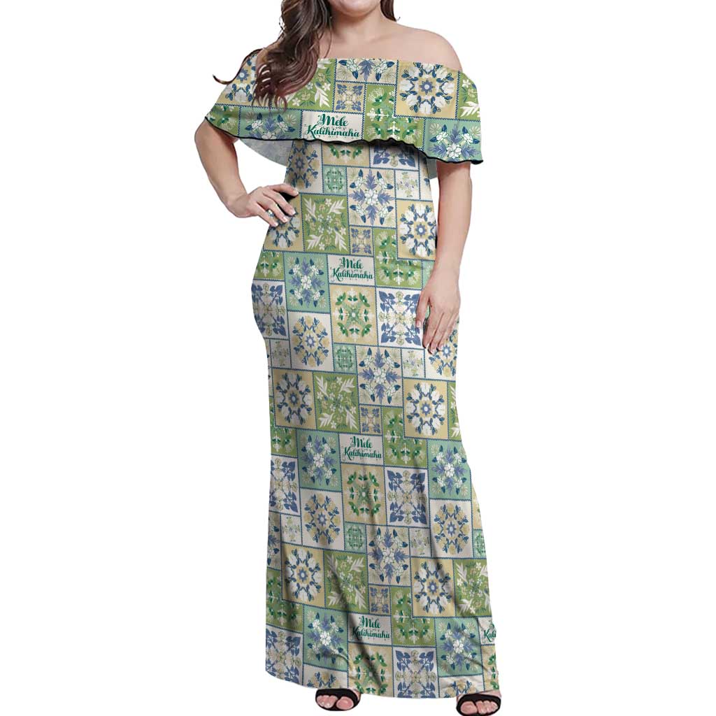 Mele Kalikimaka Hawaii Christmas Off Shoulder Maxi Dress Omaomao Seamless Floral Motif LT9 Women Green - Polynesian Pride
