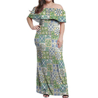 Mele Kalikimaka Hawaii Christmas Off Shoulder Maxi Dress Omaomao Seamless Floral Motif LT9 Women Green - Polynesian Pride
