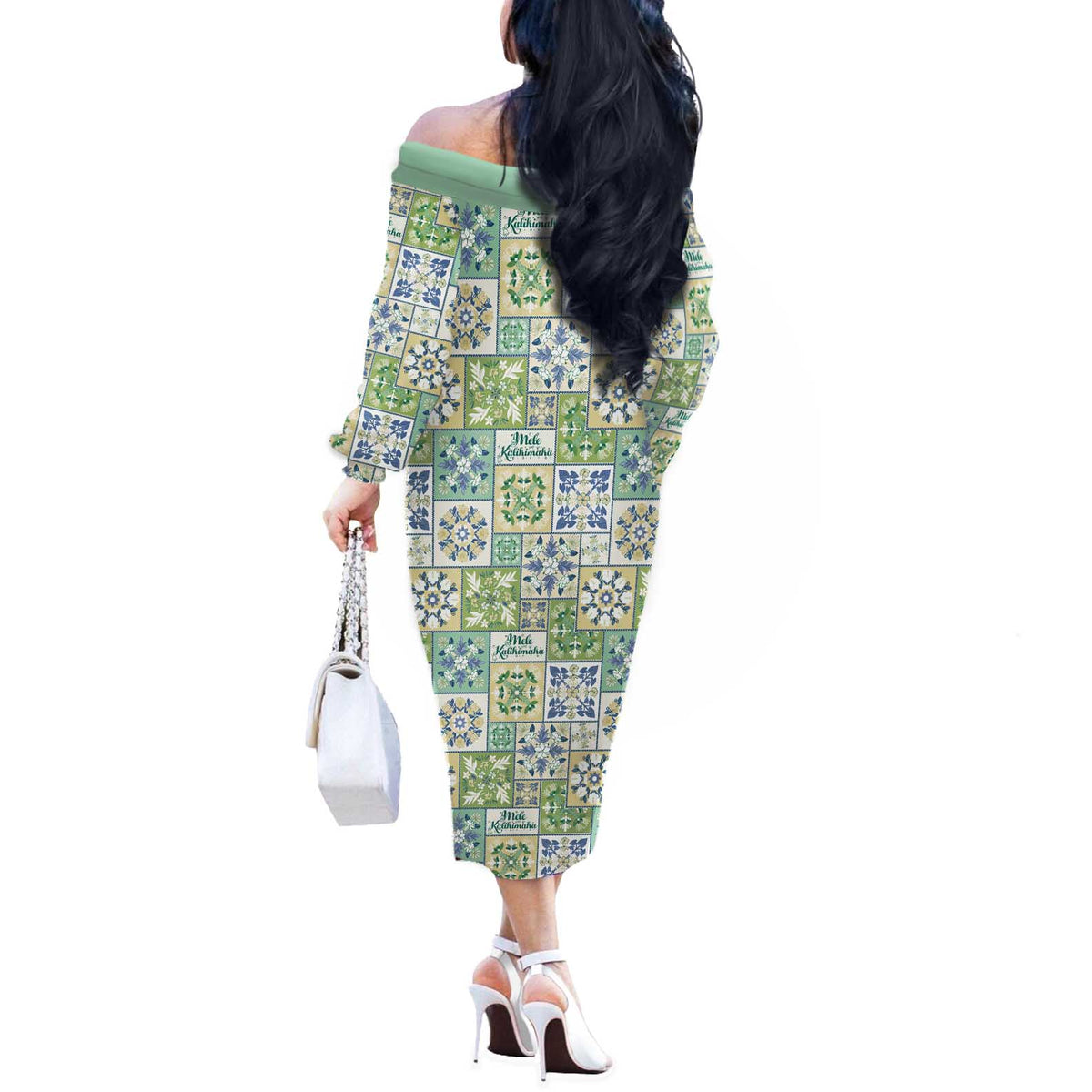 Mele Kalikimaka Hawaii Christmas Off The Shoulder Long Sleeve Dress Omaomao Seamless Floral Motif LT9 - Polynesian Pride