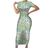 Mele Kalikimaka Hawaii Christmas Short Sleeve Bodycon Dress Omaomao Seamless Floral Motif LT9 Long Dress Green - Polynesian Pride