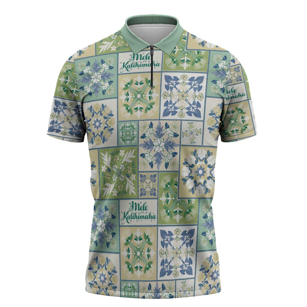Mele Kalikimaka Hawaii Christmas Zipper Polo Shirt Omaomao Seamless Floral Motif LT9 Green - Polynesian Pride