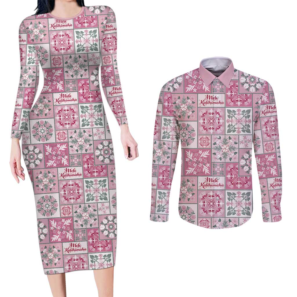 Mele Kalikimaka Hawaii Christmas Couples Matching Long Sleeve Bodycon Dress and Long Sleeve Button Shirt Akala Seamless Floral Motif LT9 Pink - Polynesian Pride