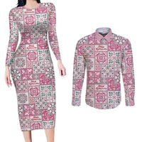 Mele Kalikimaka Hawaii Christmas Couples Matching Long Sleeve Bodycon Dress and Long Sleeve Button Shirt Akala Seamless Floral Motif LT9 Pink - Polynesian Pride