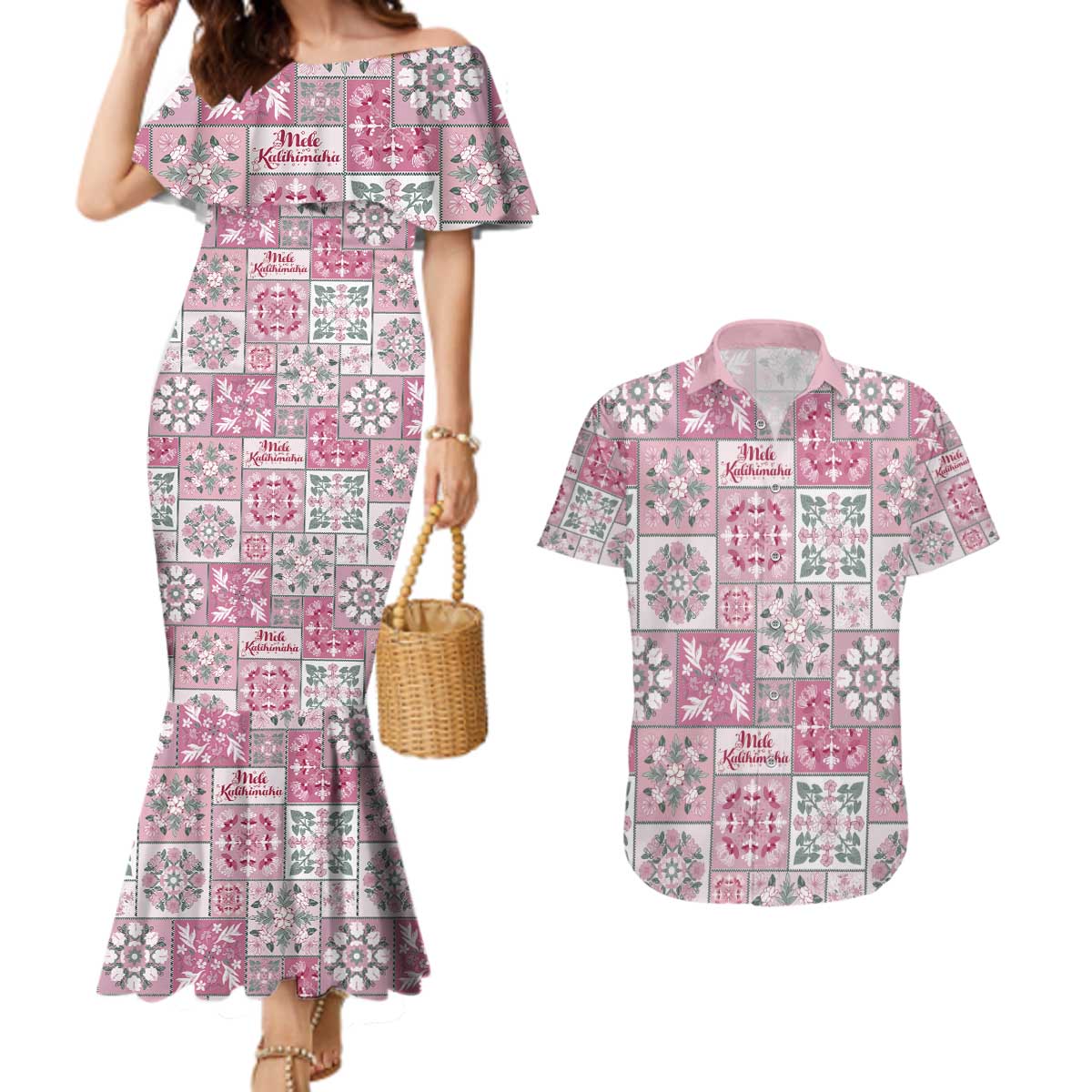 Mele Kalikimaka Hawaii Christmas Couples Matching Mermaid Dress and Hawaiian Shirt Akala Seamless Floral Motif - Polynesian Pride