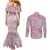 Mele Kalikimaka Hawaii Christmas Couples Matching Mermaid Dress and Long Sleeve Button Shirt Akala Seamless Floral Motif LT9 - Polynesian Pride