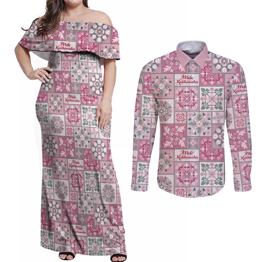 Mele Kalikimaka Hawaii Christmas Couples Matching Off Shoulder Maxi Dress and Long Sleeve Button Shirt Akala Seamless Floral Motif - Polynesian Pride