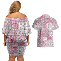 Mele Kalikimaka Hawaii Christmas Couples Matching Off Shoulder Short Dress and Hawaiian Shirt Akala Seamless Floral Motif LT9 - Polynesian Pride