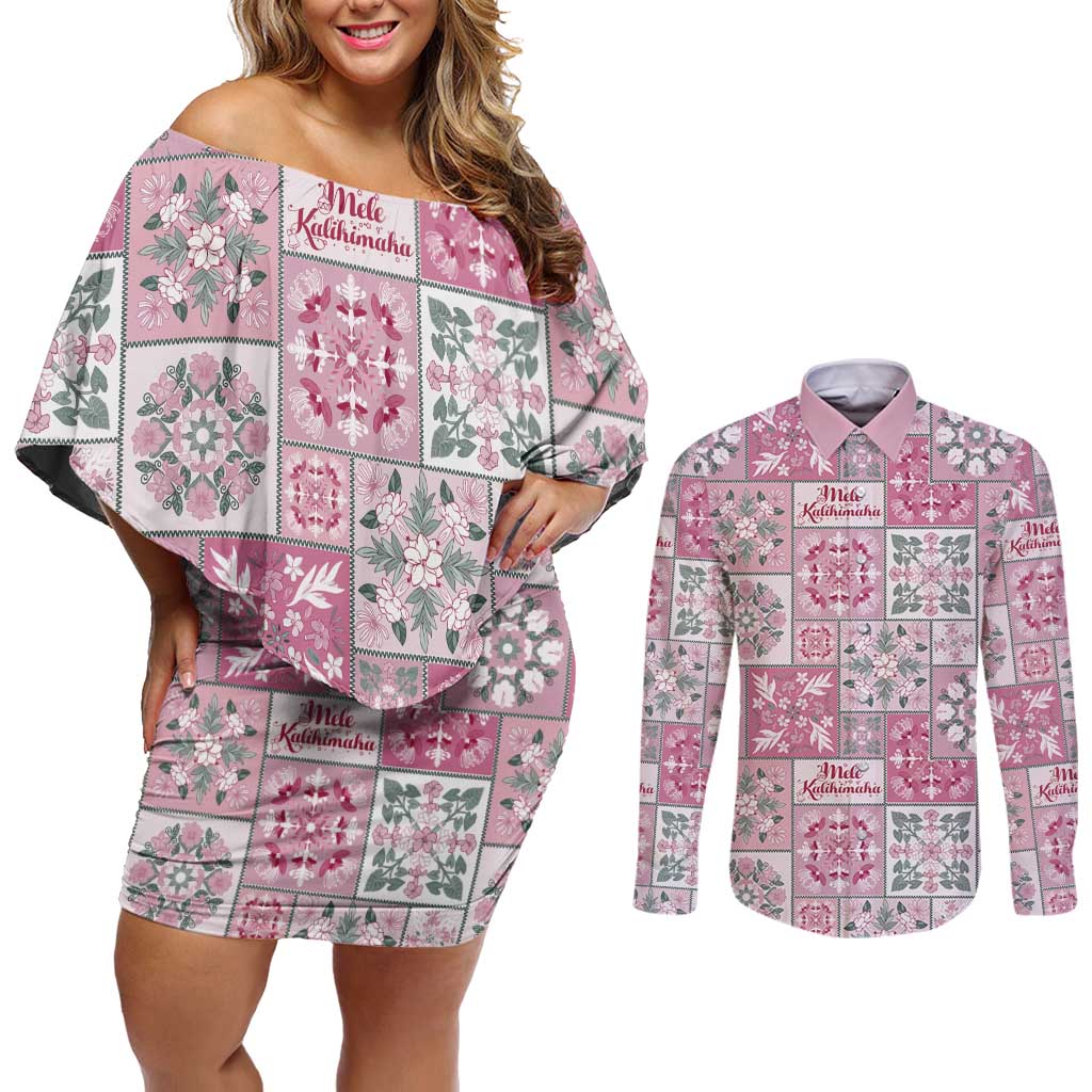 Mele Kalikimaka Hawaii Christmas Couples Matching Off Shoulder Short Dress and Long Sleeve Button Shirt Akala Seamless Floral Motif - Polynesian Pride
