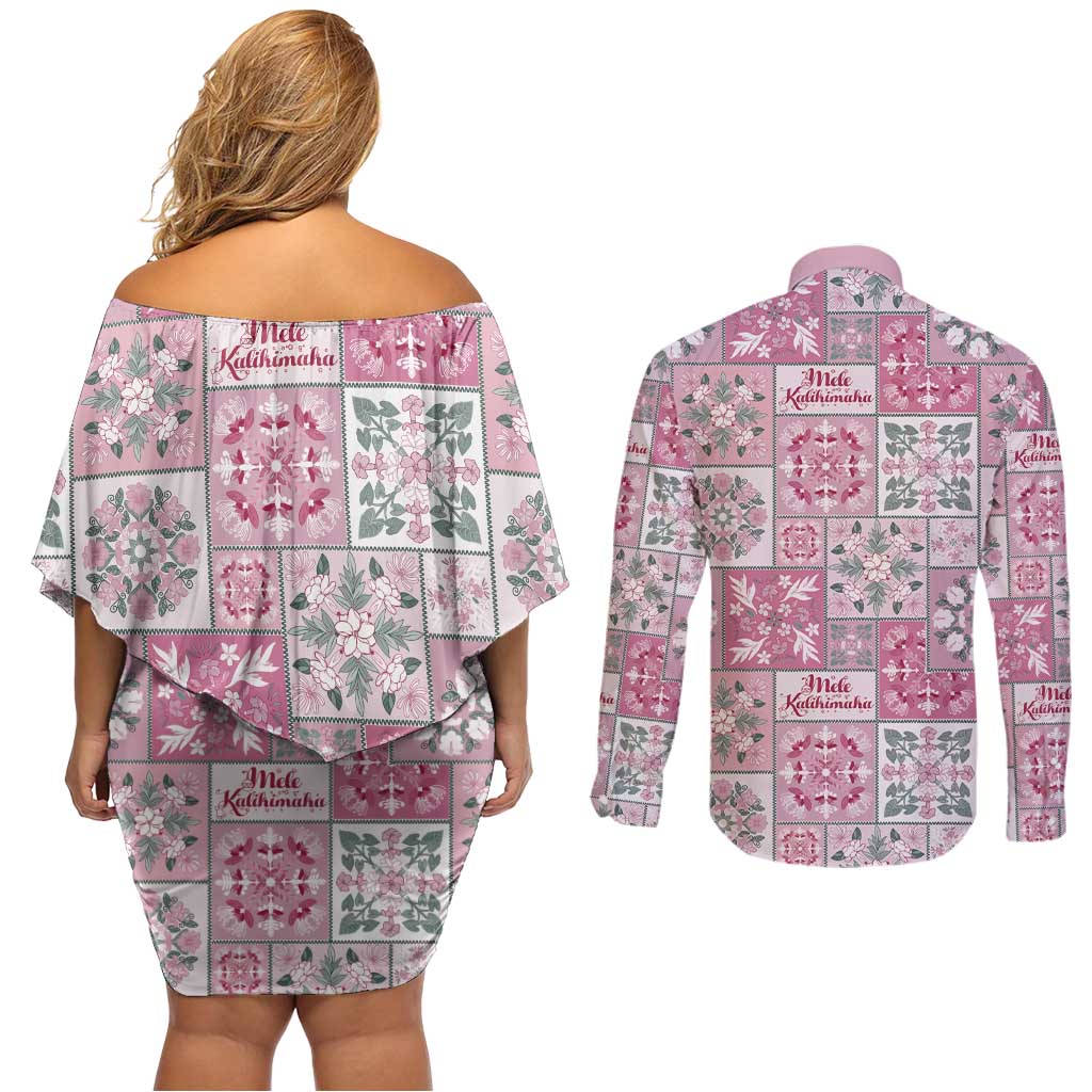 Mele Kalikimaka Hawaii Christmas Couples Matching Off Shoulder Short Dress and Long Sleeve Button Shirt Akala Seamless Floral Motif LT9 - Polynesian Pride