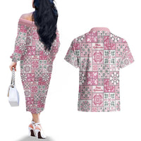 Mele Kalikimaka Hawaii Christmas Couples Matching Off The Shoulder Long Sleeve Dress and Hawaiian Shirt Akala Seamless Floral Motif LT9 - Polynesian Pride