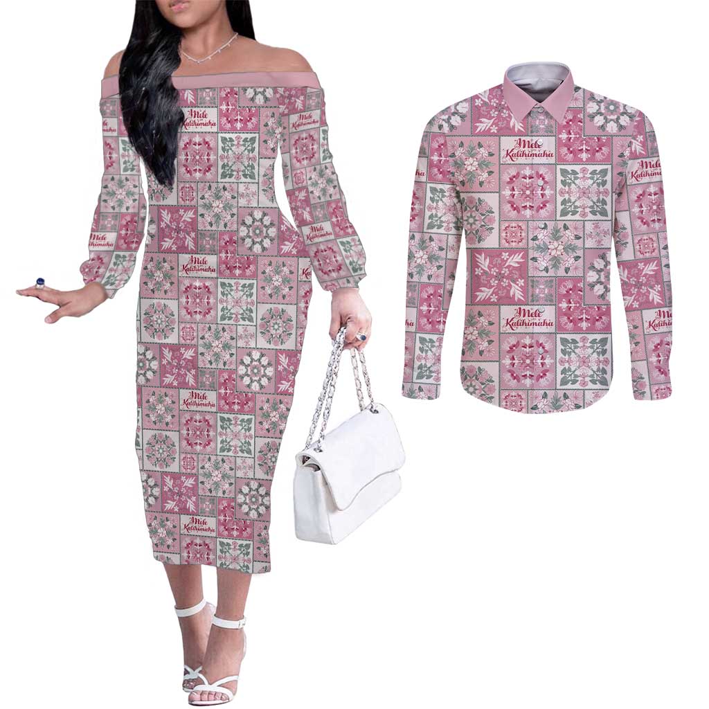Mele Kalikimaka Hawaii Christmas Couples Matching Off The Shoulder Long Sleeve Dress and Long Sleeve Button Shirt Akala Seamless Floral Motif LT9 Pink - Polynesian Pride