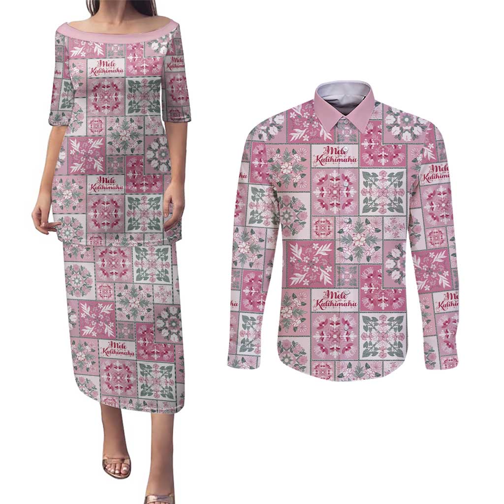 Mele Kalikimaka Hawaii Christmas Couples Matching Puletasi and Long Sleeve Button Shirt Akala Seamless Floral Motif LT9 Pink - Polynesian Pride