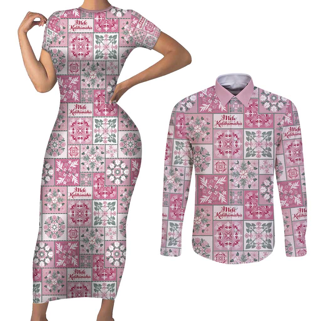 Mele Kalikimaka Hawaii Christmas Couples Matching Short Sleeve Bodycon Dress and Long Sleeve Button Shirt Akala Seamless Floral Motif LT9 Pink - Polynesian Pride