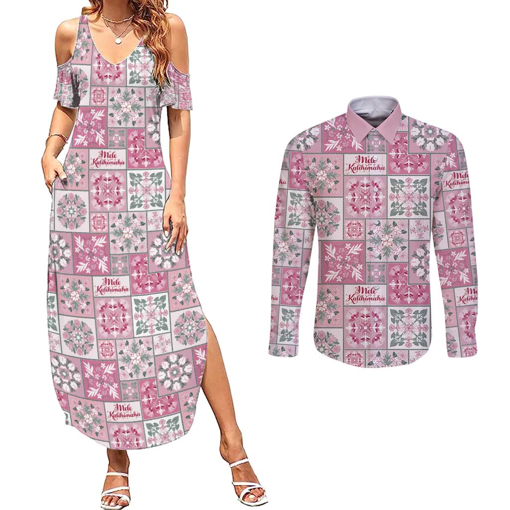 Mele Kalikimaka Hawaii Christmas Couples Matching Summer Maxi Dress and Long Sleeve Button Shirt Akala Seamless Floral Motif LT9 Pink - Polynesian Pride