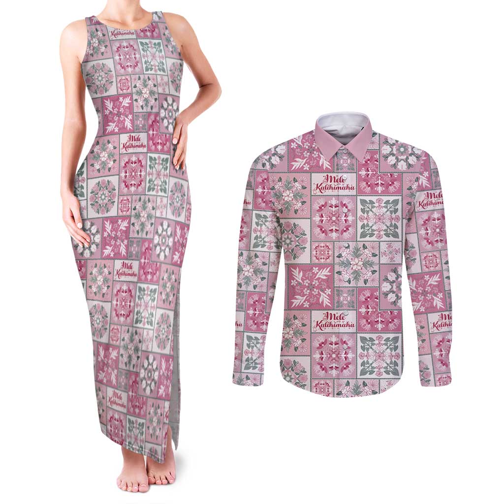 Mele Kalikimaka Hawaii Christmas Couples Matching Tank Maxi Dress and Long Sleeve Button Shirt Akala Seamless Floral Motif LT9 Pink - Polynesian Pride