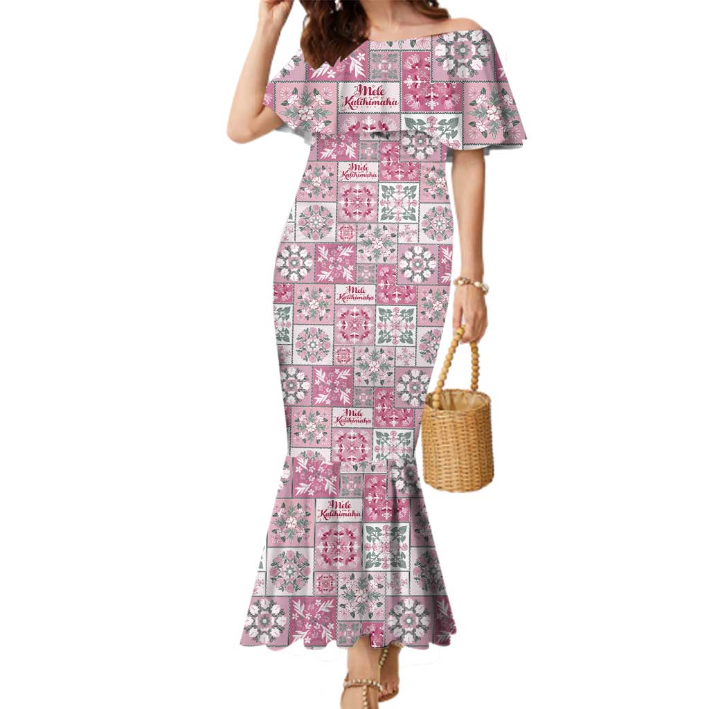 Mele Kalikimaka Hawaii Christmas Family Matching Mermaid Dress and Hawaiian Shirt Akala Seamless Floral Motif LT9 Mom's Dress Pink - Polynesian Pride