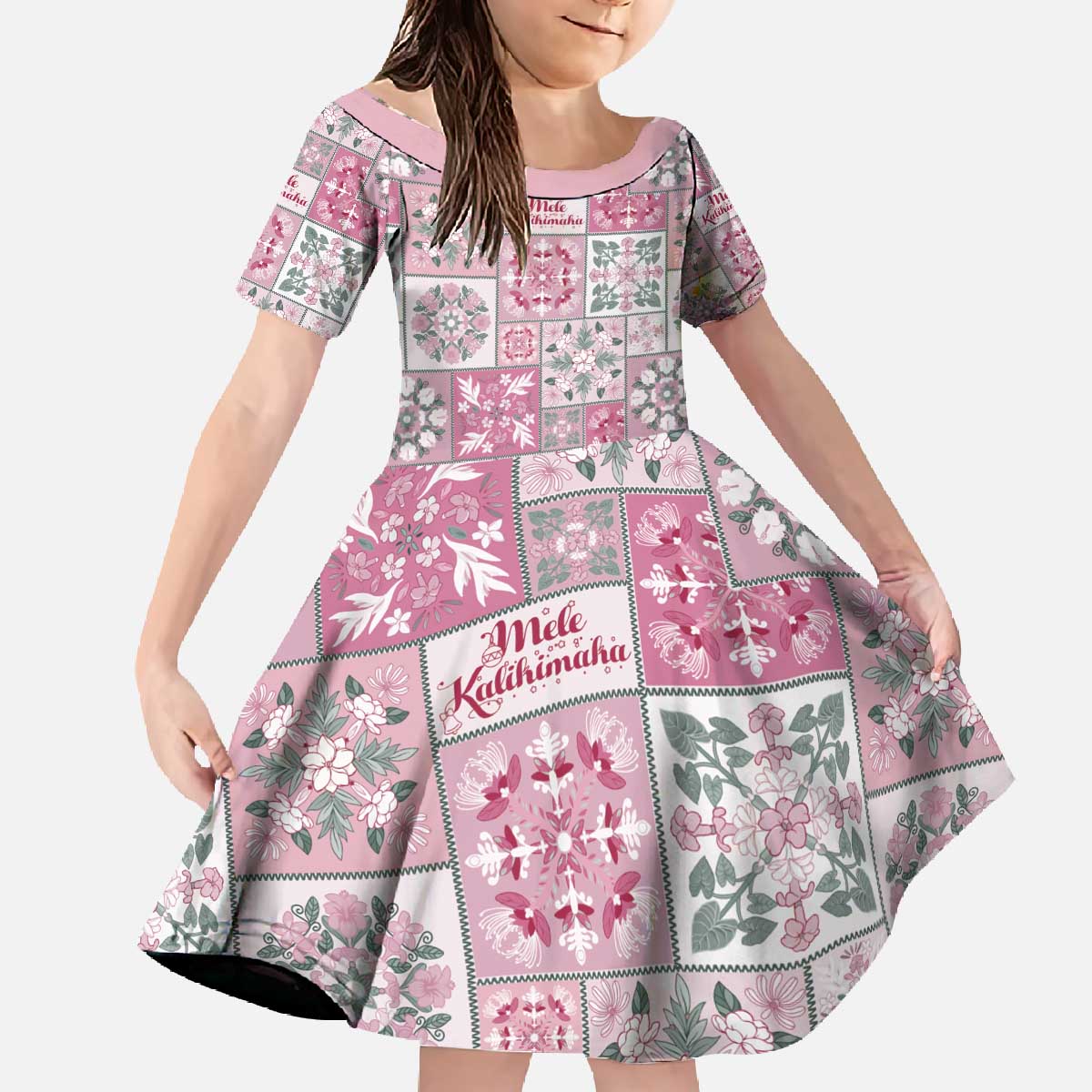 Mele Kalikimaka Hawaii Christmas Family Matching Off The Shoulder Long Sleeve Dress and Hawaiian Shirt Akala Seamless Floral Motif LT9 Daughter's Dress Pink - Polynesian Pride