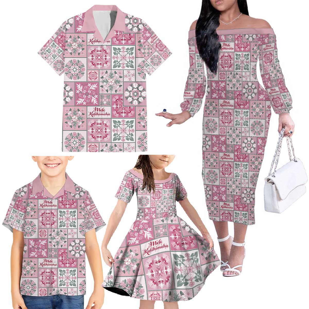 Mele Kalikimaka Hawaii Christmas Family Matching Off The Shoulder Long Sleeve Dress and Hawaiian Shirt Akala Seamless Floral Motif LT9 - Polynesian Pride