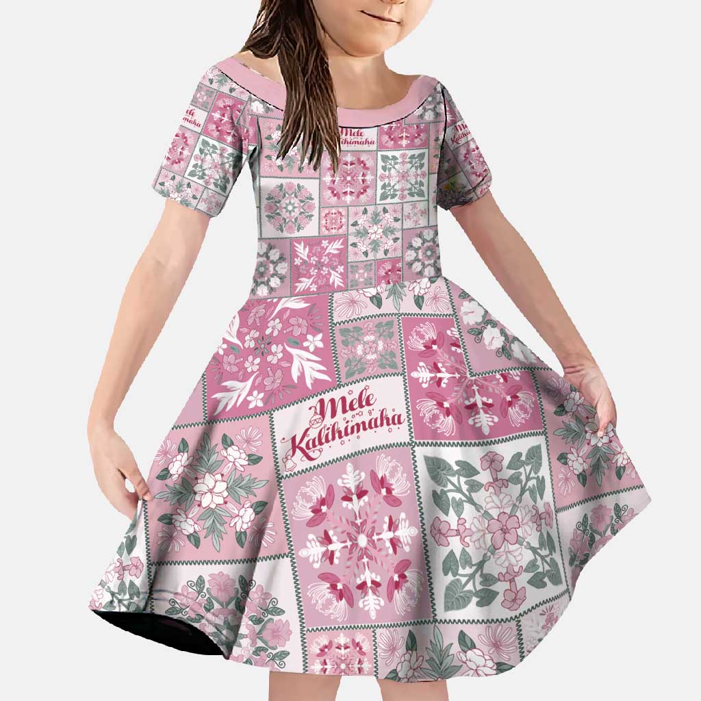 Mele Kalikimaka Hawaii Christmas Family Matching Off Shoulder Maxi Dress and Hawaiian Shirt Akala Seamless Floral Motif LT9 Daughter's Dress Pink - Polynesian Pride