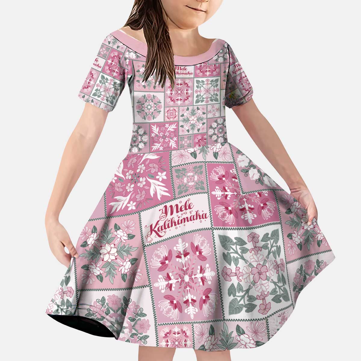 Mele Kalikimaka Hawaii Christmas Kid Short Sleeve Dress Akala Seamless Floral Motif LT9 KID Pink - Polynesian Pride