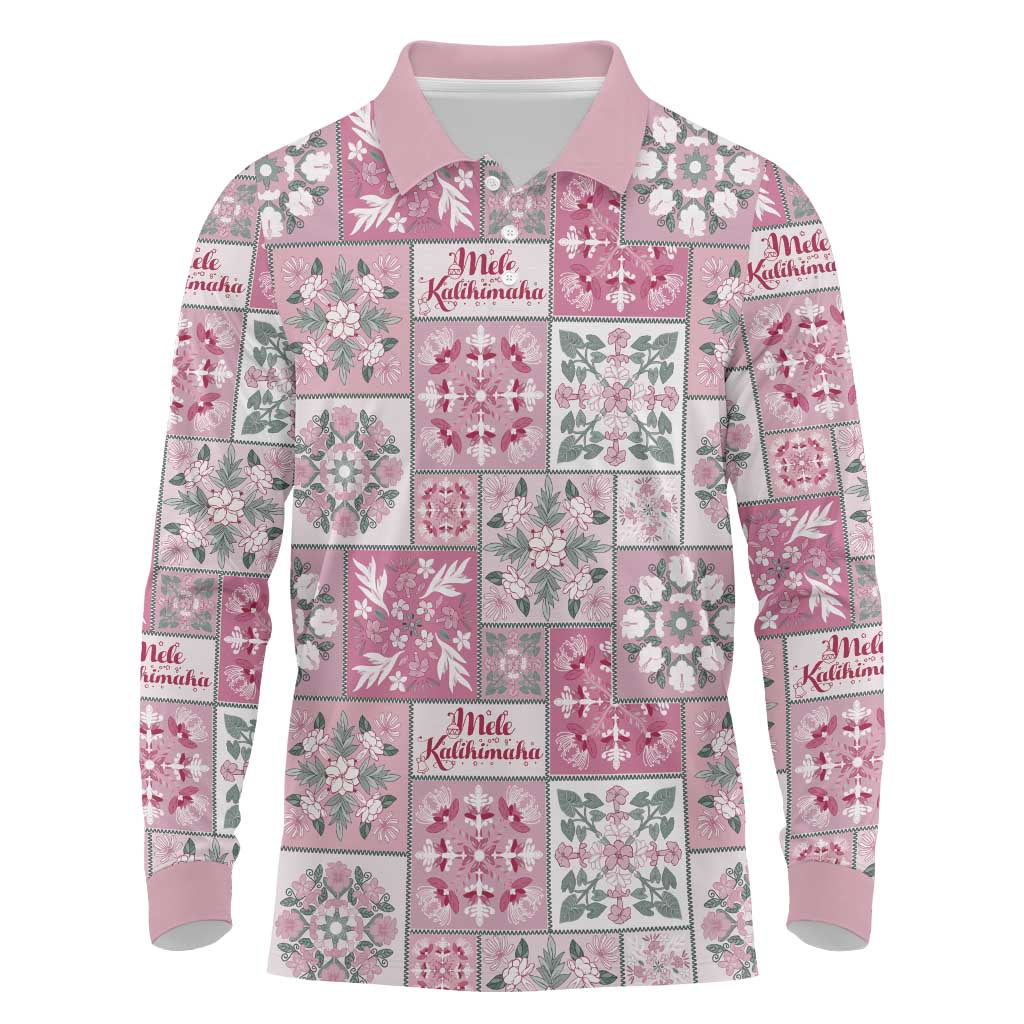 Mele Kalikimaka Hawaii Christmas Long Sleeve Polo Shirt Akala Seamless Floral Motif LT9 Pink - Polynesian Pride