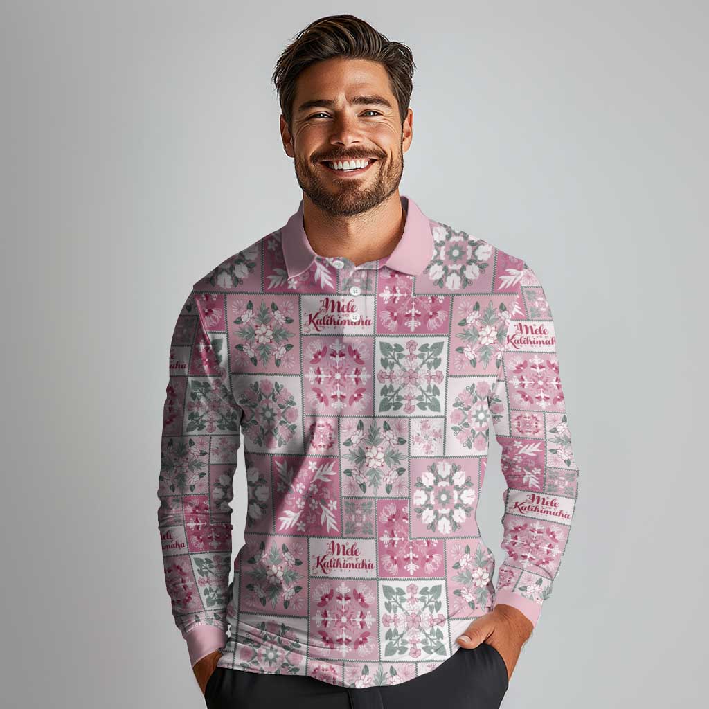 Mele Kalikimaka Hawaii Christmas Long Sleeve Polo Shirt Akala Seamless Floral Motif LT9 - Polynesian Pride