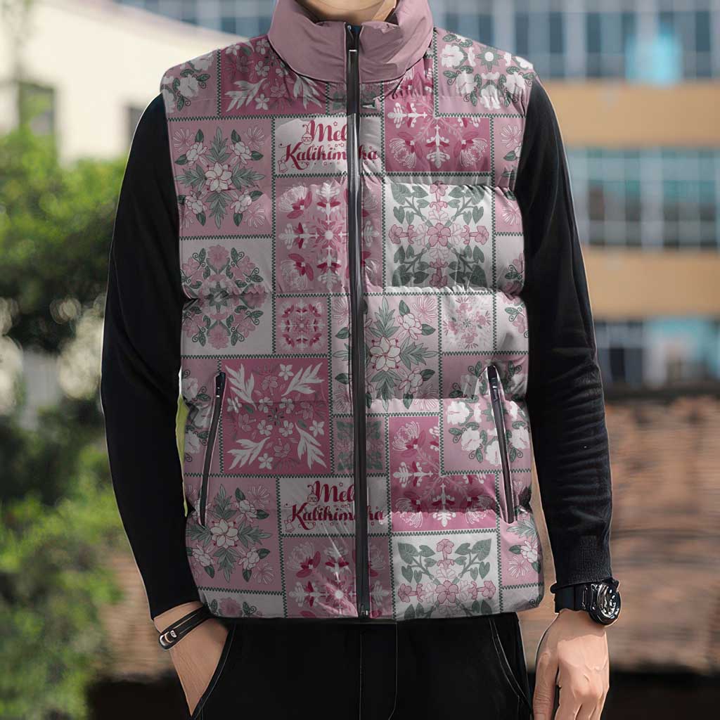 Mele Kalikimaka Hawaii Christmas Sleeveless Puffer Jacket Akala Seamless Floral Motif - Polynesian Pride
