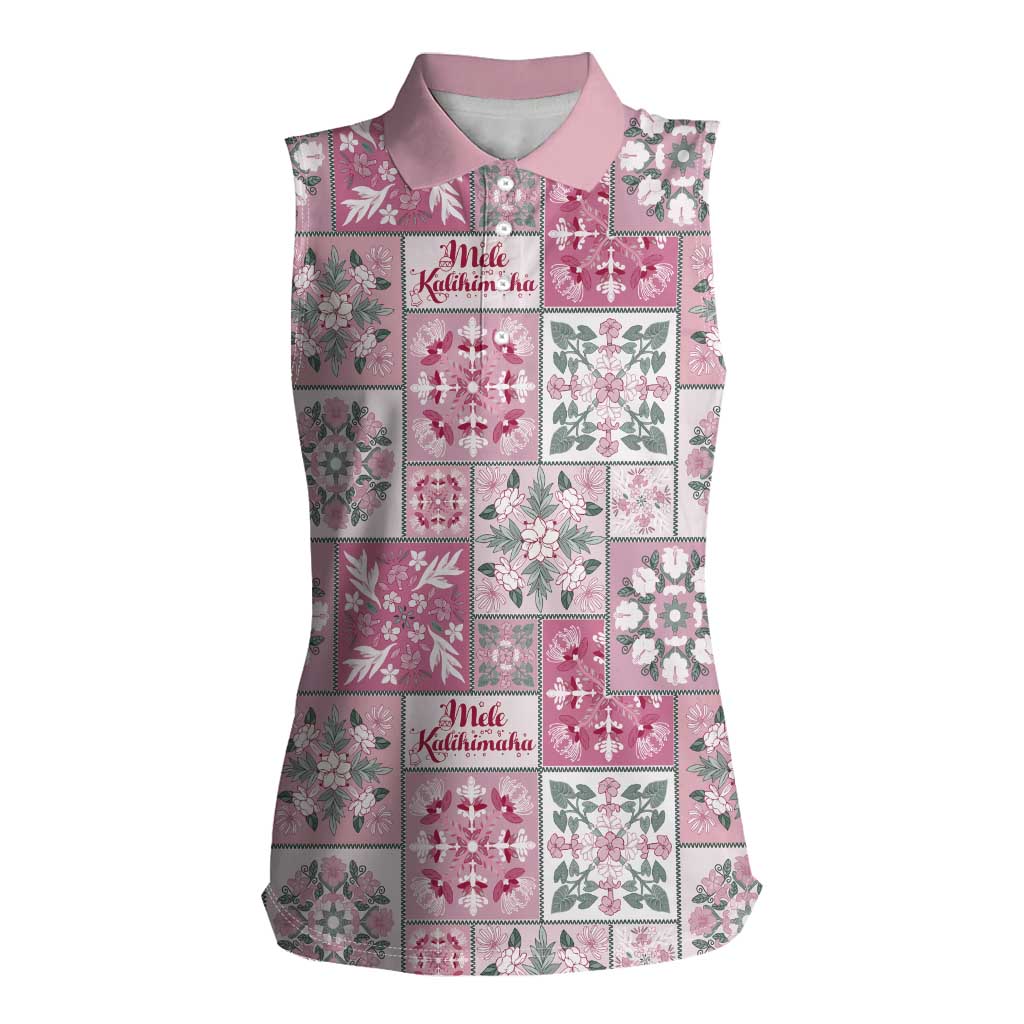 Mele Kalikimaka Hawaii Christmas Women Sleeveless Polo Shirt Akala Seamless Floral Motif LT9 Female Pink - Polynesian Pride