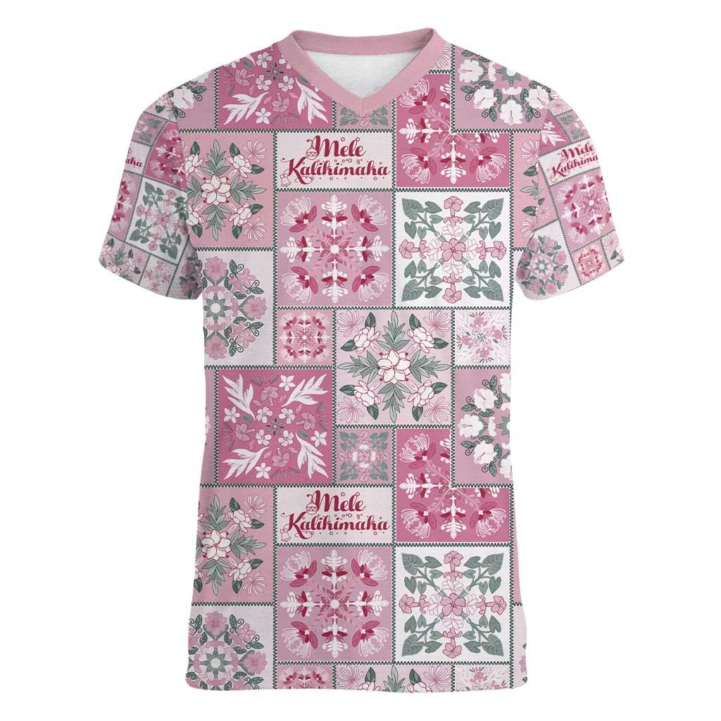 Mele Kalikimaka Hawaii Christmas Women V-Neck T-Shirt Akala Seamless Floral Motif LT9 Female Pink - Polynesian Pride