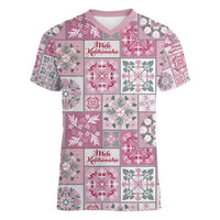 Mele Kalikimaka Hawaii Christmas Women V-Neck T-Shirt Akala Seamless Floral Motif LT9 Female Pink - Polynesian Pride