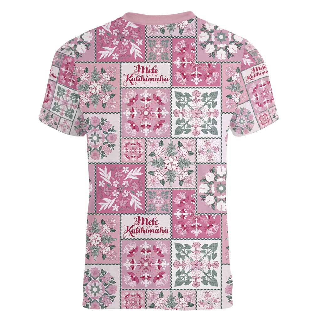 Mele Kalikimaka Hawaii Christmas Women V-Neck T-Shirt Akala Seamless Floral Motif LT9 - Polynesian Pride