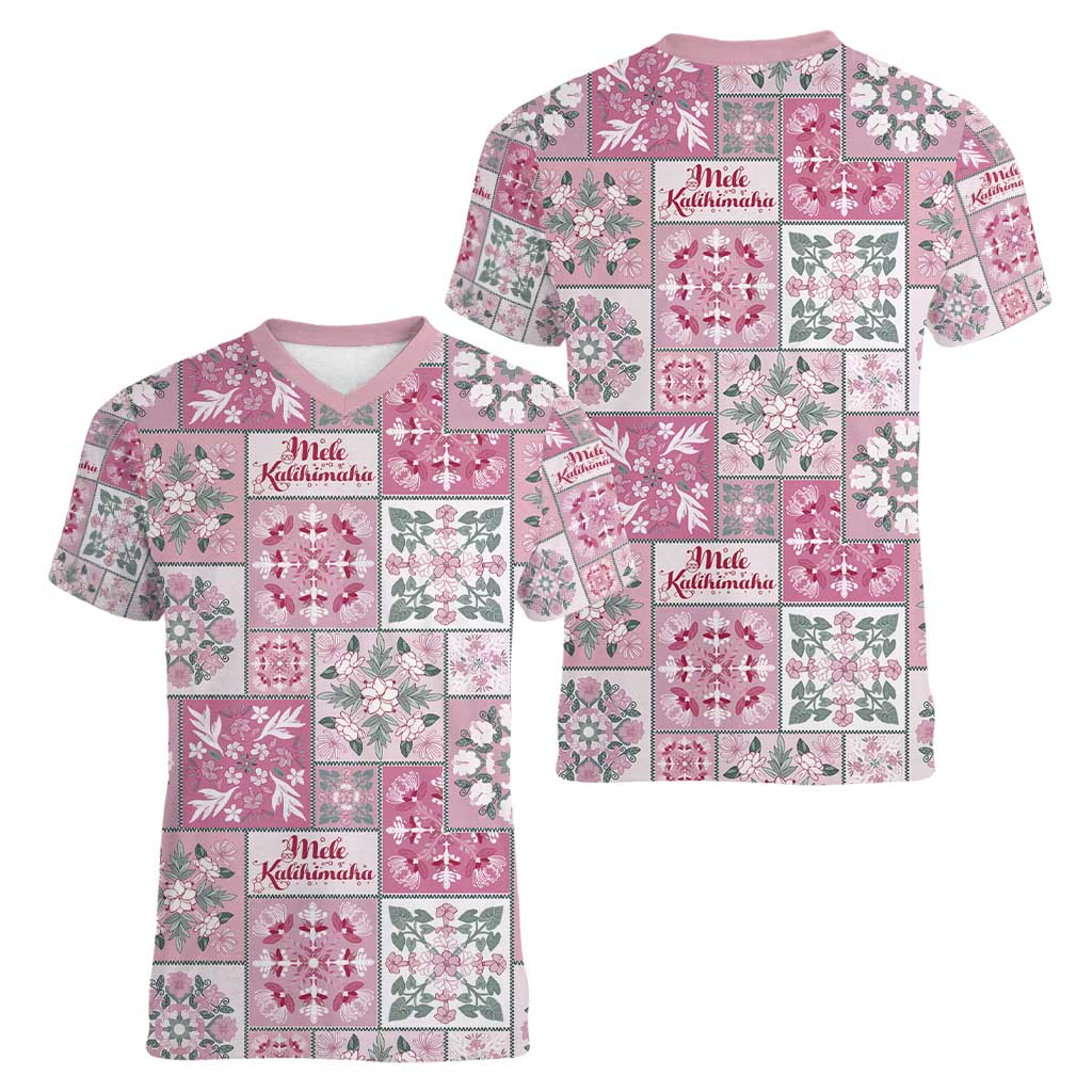 Mele Kalikimaka Hawaii Christmas Women V-Neck T-Shirt Akala Seamless Floral Motif LT9 - Polynesian Pride
