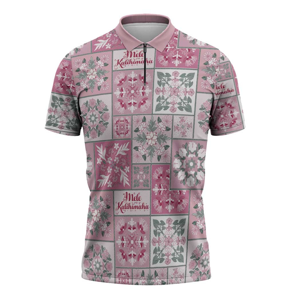 Mele Kalikimaka Hawaii Christmas Zipper Polo Shirt Akala Seamless Floral Motif LT9 Pink - Polynesian Pride