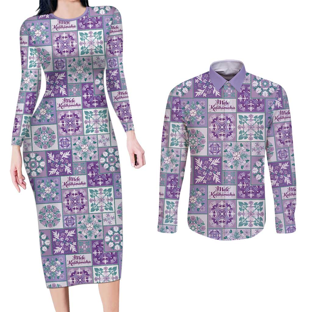 Mele Kalikimaka Hawaii Christmas Couples Matching Long Sleeve Bodycon Dress and Long Sleeve Button Shirt Poni Seamless Floral Motif LT9 Purple - Polynesian Pride