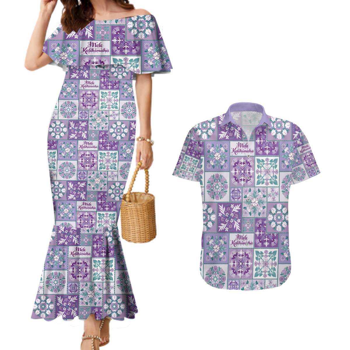 Mele Kalikimaka Hawaii Christmas Couples Matching Mermaid Dress and Hawaiian Shirt Poni Seamless Floral Motif - Polynesian Pride
