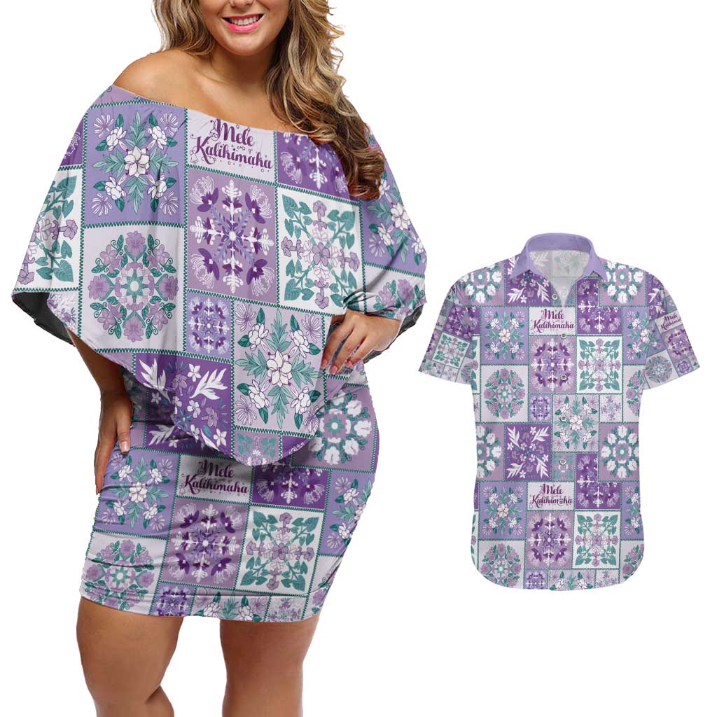 Mele Kalikimaka Hawaii Christmas Couples Matching Off Shoulder Short Dress and Hawaiian Shirt Poni Seamless Floral Motif LT9 Purple - Polynesian Pride