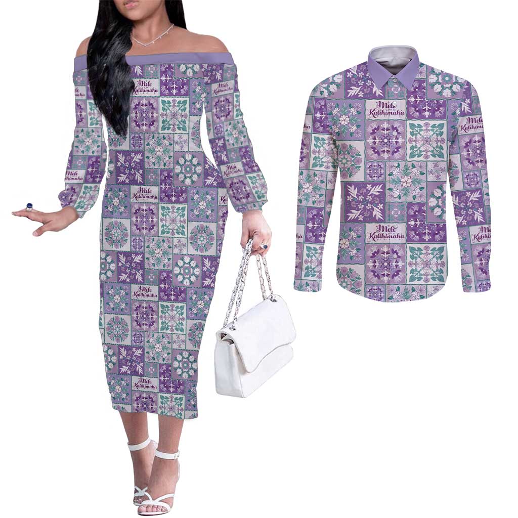 Mele Kalikimaka Hawaii Christmas Couples Matching Off The Shoulder Long Sleeve Dress and Long Sleeve Button Shirt Poni Seamless Floral Motif LT9 Purple - Polynesian Pride