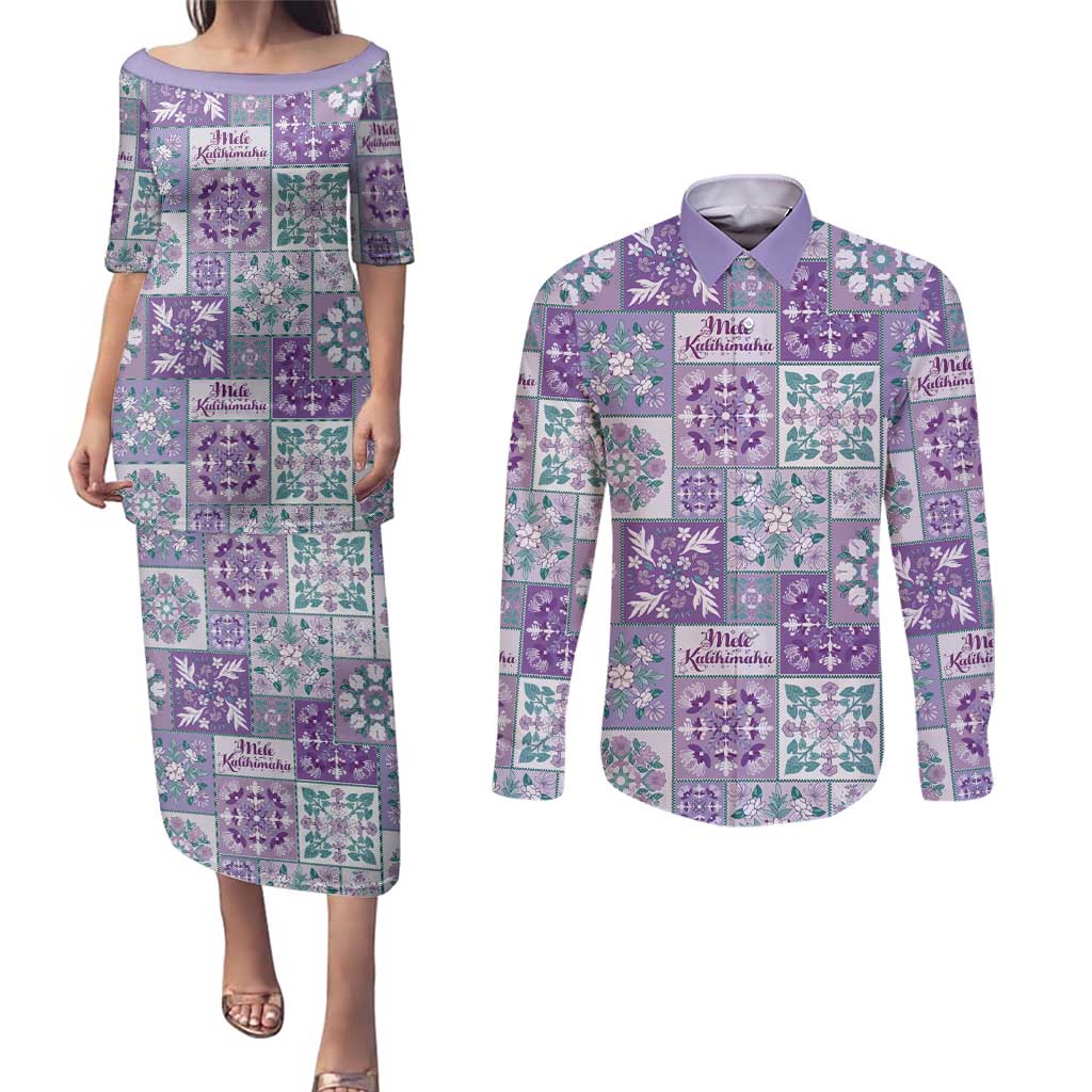 Mele Kalikimaka Hawaii Christmas Couples Matching Puletasi and Long Sleeve Button Shirt Poni Seamless Floral Motif LT9 Purple - Polynesian Pride