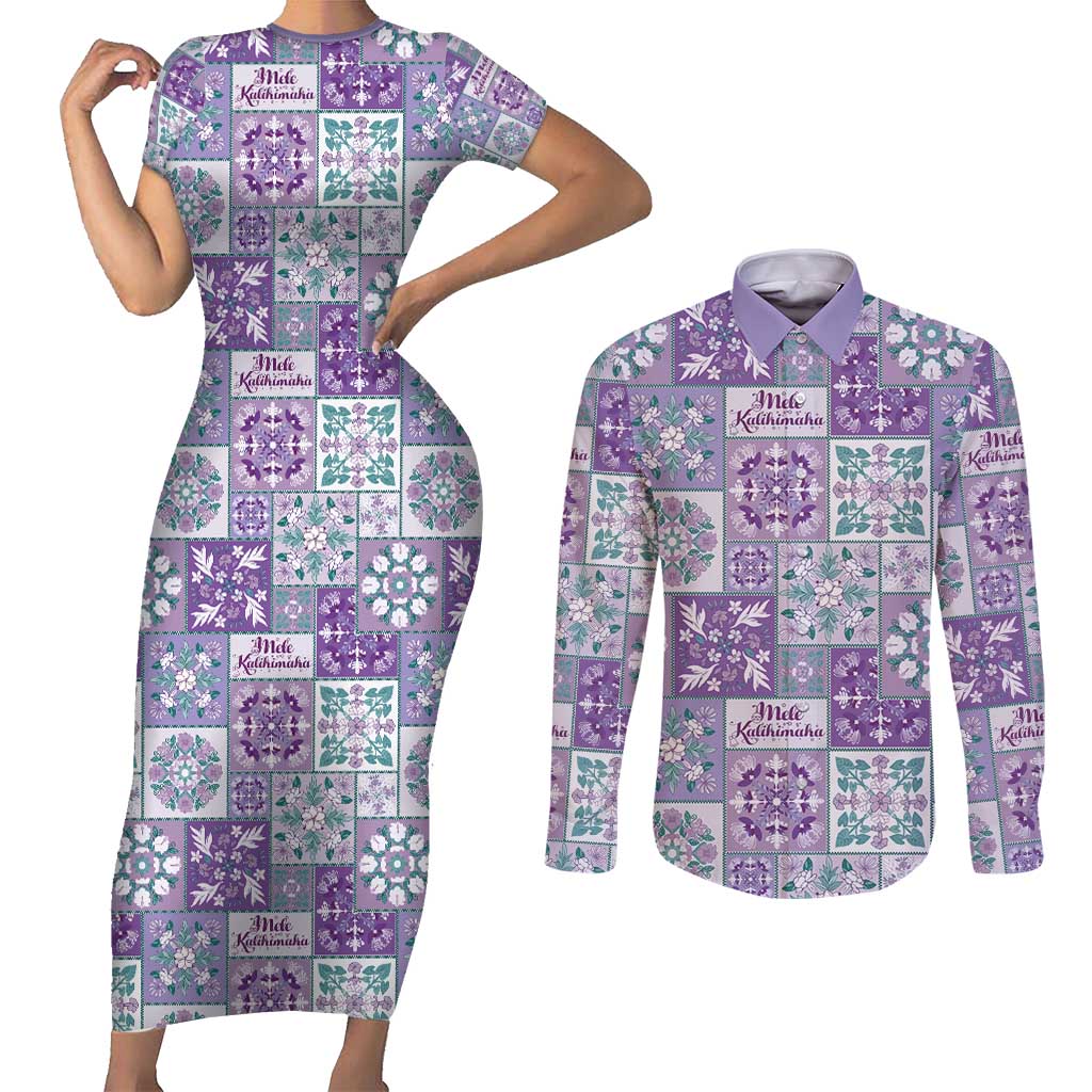 Mele Kalikimaka Hawaii Christmas Couples Matching Short Sleeve Bodycon Dress and Long Sleeve Button Shirt Poni Seamless Floral Motif LT9 Purple - Polynesian Pride