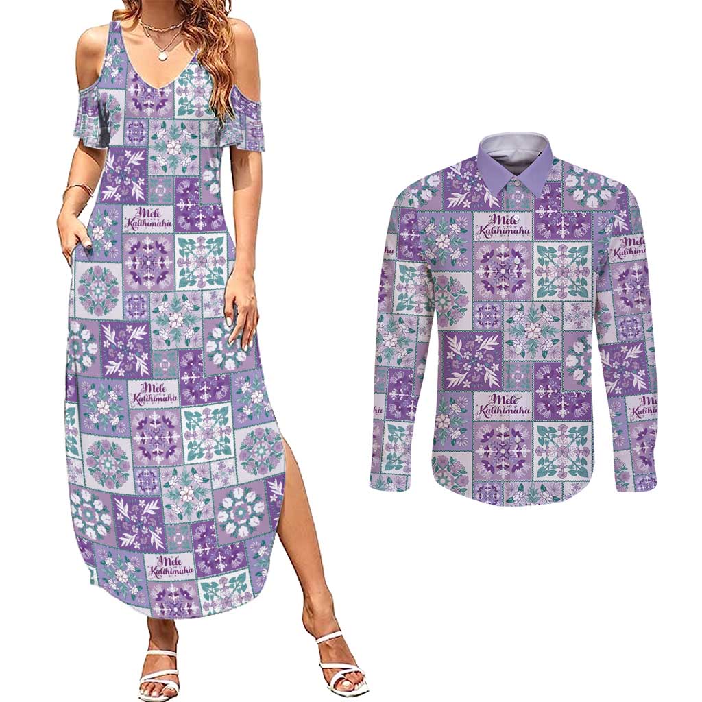 Mele Kalikimaka Hawaii Christmas Couples Matching Summer Maxi Dress and Long Sleeve Button Shirt Poni Seamless Floral Motif LT9 Purple - Polynesian Pride