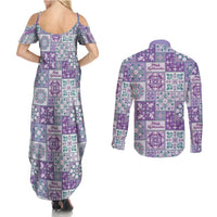 Mele Kalikimaka Hawaii Christmas Couples Matching Summer Maxi Dress and Long Sleeve Button Shirt Poni Seamless Floral Motif LT9 - Polynesian Pride