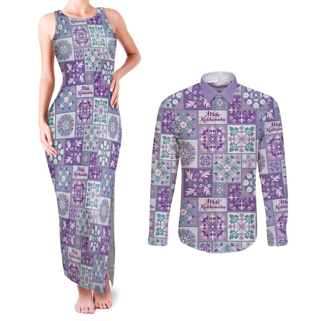 Mele Kalikimaka Hawaii Christmas Couples Matching Tank Maxi Dress and Long Sleeve Button Shirt Poni Seamless Floral Motif LT9 Purple - Polynesian Pride