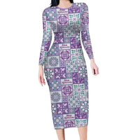 Mele Kalikimaka Hawaii Christmas Family Matching Long Sleeve Bodycon Dress and Hawaiian Shirt Poni Seamless Floral Motif LT9 Mom's Dress Purple - Polynesian Pride