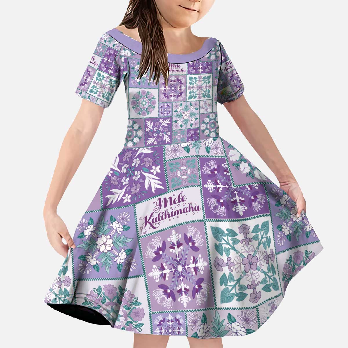 Mele Kalikimaka Hawaii Christmas Family Matching Off The Shoulder Long Sleeve Dress and Hawaiian Shirt Poni Seamless Floral Motif LT9 Daughter's Dress Purple - Polynesian Pride