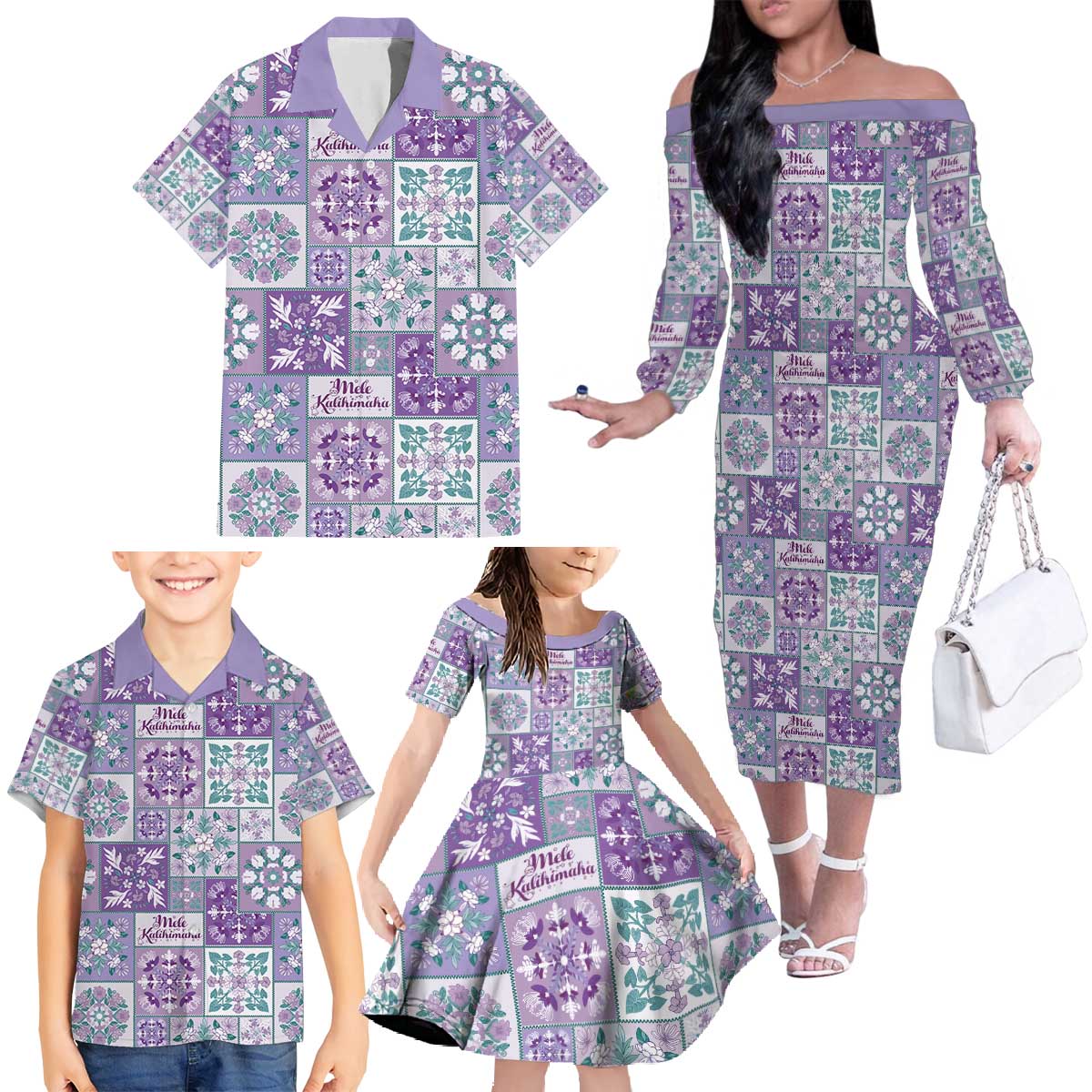 Mele Kalikimaka Hawaii Christmas Family Matching Off The Shoulder Long Sleeve Dress and Hawaiian Shirt Poni Seamless Floral Motif LT9 - Polynesian Pride