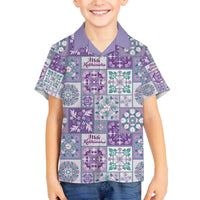 Mele Kalikimaka Hawaii Christmas Family Matching Off The Shoulder Long Sleeve Dress and Hawaiian Shirt Poni Seamless Floral Motif LT9 Son's Shirt Purple - Polynesian Pride