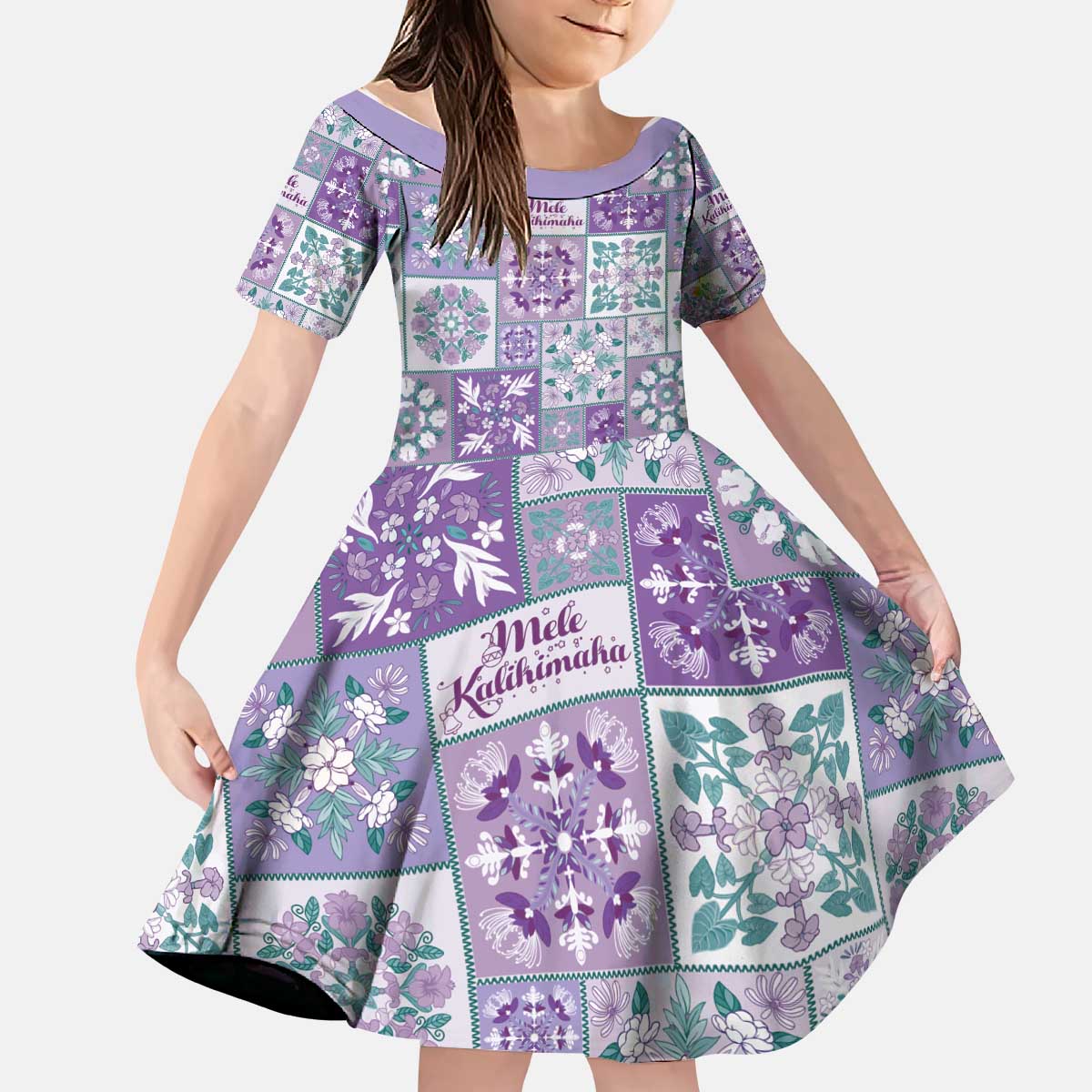 Mele Kalikimaka Hawaii Christmas Kid Short Sleeve Dress Poni Seamless Floral Motif LT9 KID Purple - Polynesian Pride
