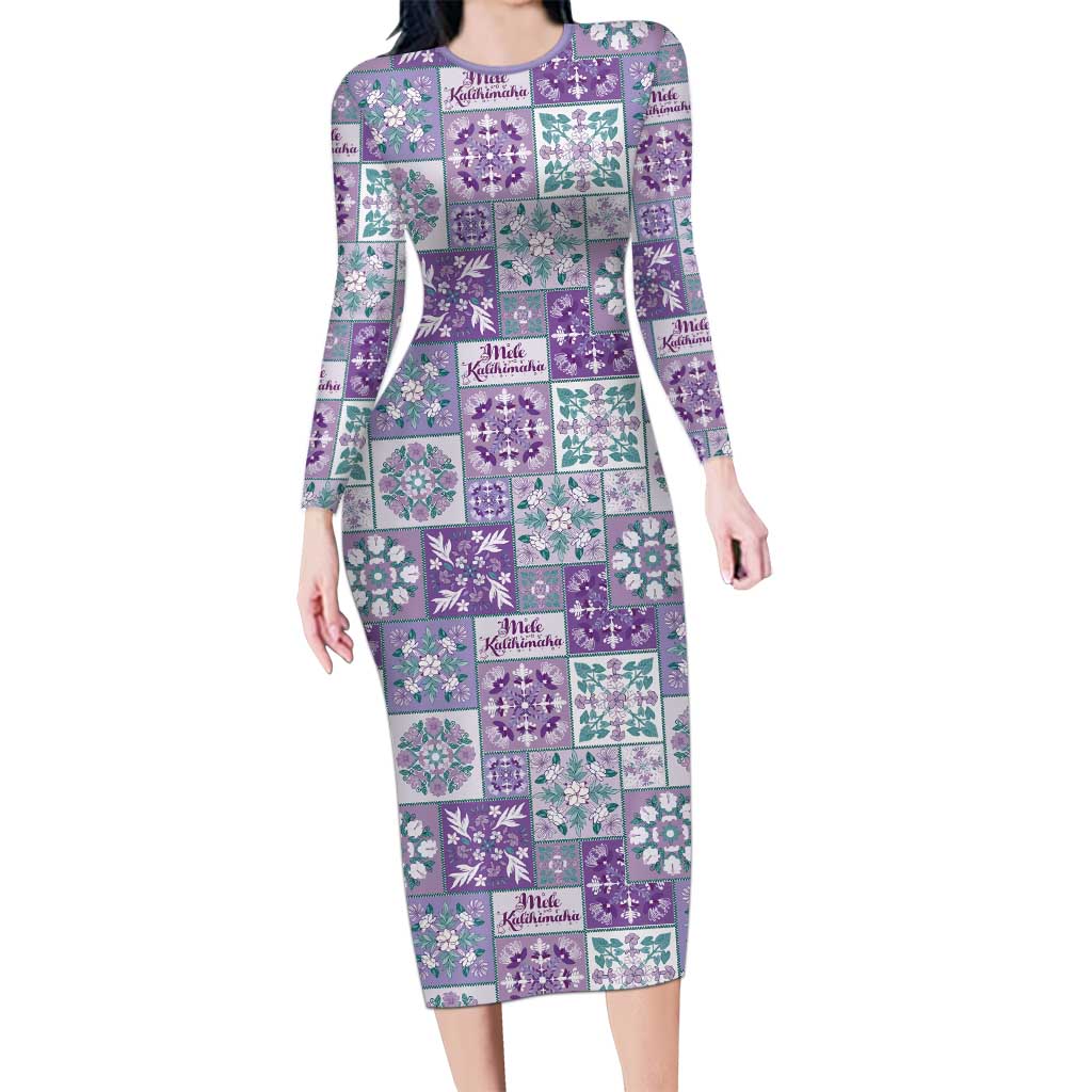 Mele Kalikimaka Hawaii Christmas Long Sleeve Bodycon Dress Poni Seamless Floral Motif LT9 Long Dress Purple - Polynesian Pride