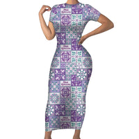 Mele Kalikimaka Hawaii Christmas Short Sleeve Bodycon Dress Poni Seamless Floral Motif LT9 Long Dress Purple - Polynesian Pride